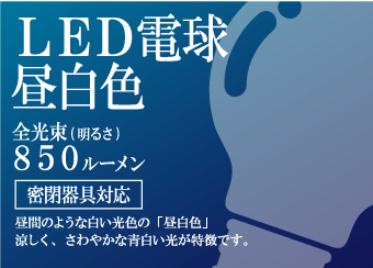 LED電球　昼白色　850ルーメン　昼間のような白い光色の「昼白色」涼しく、さわやかな青白い光が特徴です。